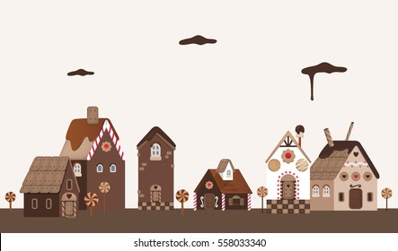 Vector illustration of cookie houses with chocolates, cookies, biscuits and sweets.
