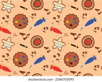 Vector illustration of cookies of different shapes, elements for decorating homemade pastries. Seamless pattern for print, textile wrapping paper, background. Cookies coloring kits