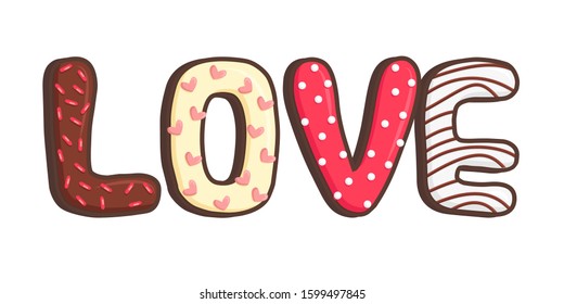 Vector Illustration of Cookies looks like Love in Cartoon Flat Style. Design of Chocolate Shortbread with Colorful Pastry Topping. Text from Baked Dessert Products usable for Postcard, Greeting Card