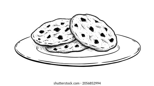 Vector illustration of Cookies on plate. Vintage style drawing isolated on white background.