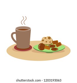 Vector illustration, cookies are in the plate and hot chocolate is a dessert.EPS10