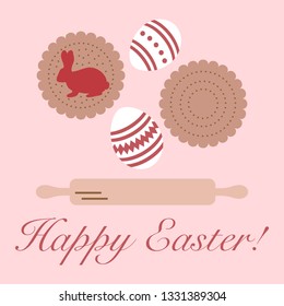Vector illustration with cookies, rabbit-shaped glaze and without, decorated eggs, rolling pin. Happy Easter. Festive background. Design for banner, poster or print.