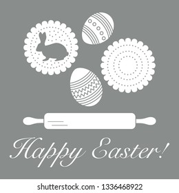 Vector illustration with cookies, rabbit-shaped glaze and without, decorated eggs, rolling pin. Happy Easter. Festive background. Design for banner, poster or print.