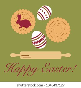 Vector illustration with cookies, rabbit-shaped glaze and without, decorated eggs, rolling pin. Happy Easter. Festive background. Design for banner, poster or print.