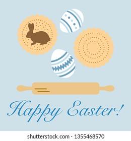 Vector illustration with cookies, rabbit-shaped glaze and without, decorated eggs, rolling pin. Happy Easter. Festive background. Design for banner, poster or print.