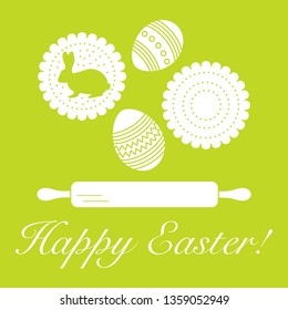 Vector illustration with cookies, rabbit-shaped glaze and without, decorated eggs, rolling pin. Happy Easter. Festive background. Design for banner, poster or print.