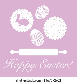 Vector illustration with cookies, rabbit-shaped glaze and without, decorated eggs, rolling pin. Happy Easter. Festive background. Design for banner, poster or print.