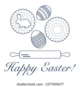 Vector illustration with cookies, rabbit-shaped glaze and without, decorated eggs, rolling pin. Happy Easter. Festive background. Design for banner, poster or print.