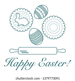 Vector illustration with cookies, rabbit-shaped glaze and without, decorated eggs, rolling pin. Happy Easter. Festive background. Design for banner, poster or print.