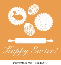 Vector illustration with cookies, rabbit-shaped glaze and without, decorated eggs, rolling pin. Happy Easter. Festive background. Design for banner, poster or print.