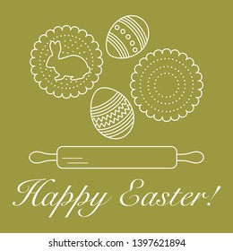 Vector illustration with cookies, rabbit-shaped glaze and without, decorated eggs, rolling pin. Happy Easter. Festive background. Design for banner, poster or print.