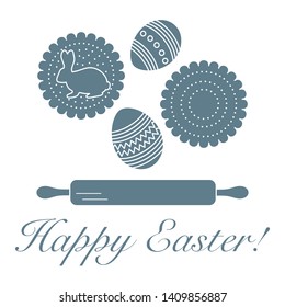 Vector illustration with cookies, rabbit-shaped glaze and without, decorated eggs, rolling pin. Happy Easter. Festive background. Design for banner, poster or print.