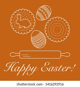 Vector illustration with cookies, rabbit-shaped glaze and without, decorated eggs, rolling pin. Happy Easter. Festive background. Design for banner, poster or print.