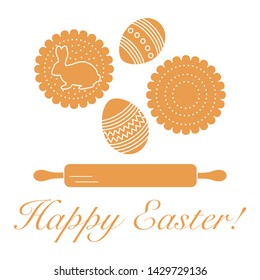 Vector illustration with cookies, rabbit-shaped glaze and without, decorated eggs, rolling pin. Happy Easter. Festive background. Design for banner, poster or print.