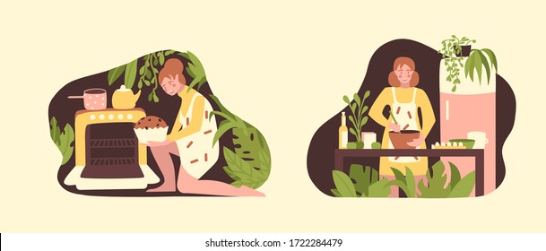 Vector illustration with cooking and baking girls in the kitchen. Modern cartoon scandinavian style. Colorful illustration set. For book pages, web sites, landings, banner. 