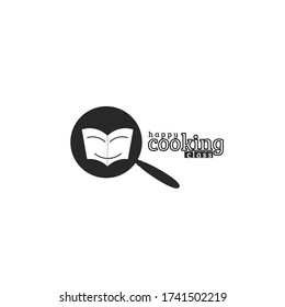 Vector illustration of cooking class logo with frying pan and book silhouette isolated on white background