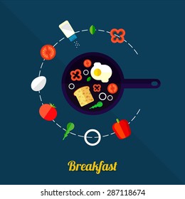 Vector illustration of cooking eggs with frying pan and ingredients. Flat style.