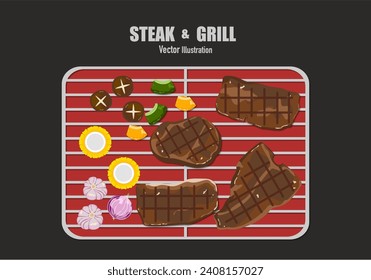Vector illustration of cooking grilled steak, meat, and vegetables on a charcoal grill with kitchen utensils. Top view, isolated on white. For elements in designing food menus.