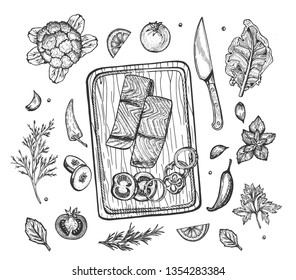 Vector illustration of cooking ingredients set. Salmon, sliced vegetables such as tomatoes, pepper, onion on cutting board, spices, lemon, lettuce, cauliflower, chili, knife. Vintage hand drawn style.