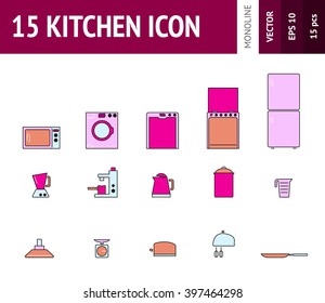 Vector illustration cooking and kitchen outline icon set.  Toy pink color set. Symbols of kitchens. Mixer, dishwasher, refrigerator, microwave oven, blender and over stuff. Icon in simple style.