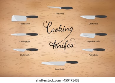 vector illustration of cooking knifes set on wooden background