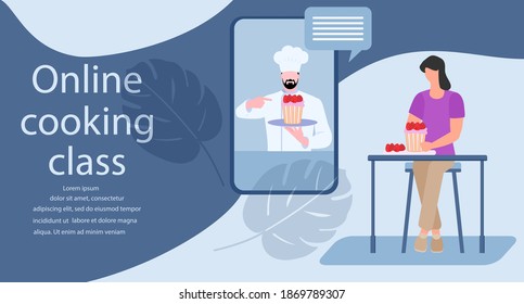 Vector illustration Cooking Online master class Woman cooking at home while streaming online lesson Culinary video channel, blog with chef preparing homemade meal Stay home Cook healthy food by recipe