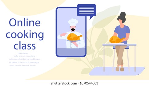 Vector illustration Cooking Online master class Woman cooking at home while streaming online lesson Culinary video channel, blog with chef preparing homemade meal Stay home Cook healthy food by recipe