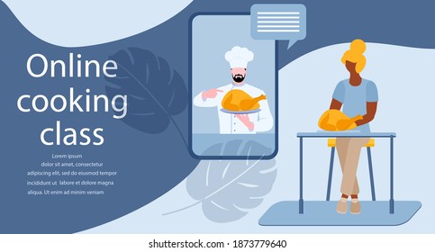 Vector illustration Cooking Online master class Woman cooking at home while streaming online lesson Culinary video channel, blog with chef preparing homemade meal Stay home Cook healthy food by recipe