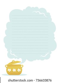 Vector illustration of a cooking pot and a cloud of steam. Page template for notes or cooking receipts.