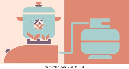 A vector illustration of a cooking pot on a gas stove, with gas cylinder. Illustration, retro vibes.