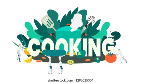 Vector illustration of a cooking process. People in a chief cook uniform with culinary utensil during the food preparation isolated on awhite background.
