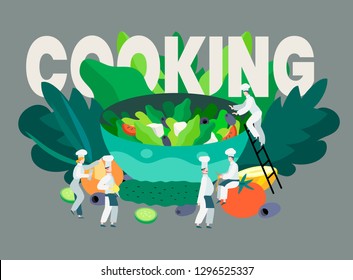 Vector illustration of a cooking process. People in a chief cook uniform preparing a Greek salad.