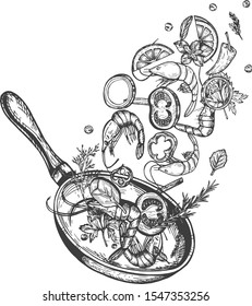 Vector illustration of cooking. Restaurant food preparation process. Levitating frying pan with seafood shrimps and vegetables on it. Vintage hand drawn style.