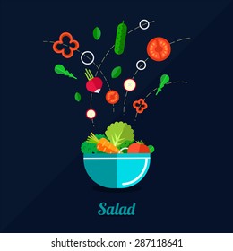 Vector illustration of cooking salad with bowl and vegetables. Flat style.