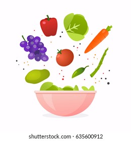 Vector illustration of cooking salad  with bowl of fresh vegetable, healthy food. Flat design style modern vector illustration concept.