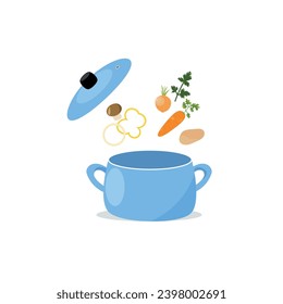 Vector illustration of cooking soup, blue pot with vegetables, mushrooms, carrots, potatoes, bell pepper, parsley isolated on white background.