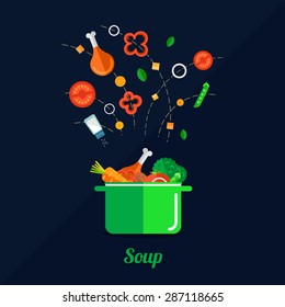 Vector illustration of cooking soup with pan and vegetables. Flat style.