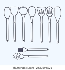 Ilustração vetorial de ferramentas de cozinha: colheres, espátulas e pinças de cozinha em estilo de arte de linha simples