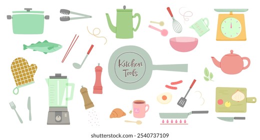 Vector illustration of cooking utensils and ingredients. Set of pots, pans, mixers and other kitchen tools. Cooking preparation and procedures, tea and meal times.