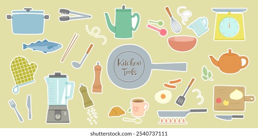 Ilustración vectorial de utensilios e ingredientes de cocina. Conjunto de ollas, sartenes, mezcladores y otras herramientas de cocina. Preparación y procedimientos de cocción, tiempos de té y comida.