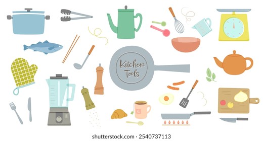 Ilustração vetorial de utensílios e ingredientes para cozinhar. Conjunto de panelas, panelas, misturadores e outras ferramentas de cozinha. Preparação e procedimentos de cozimento, tempo de chá e refeição.