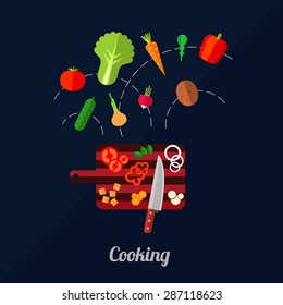 Vector illustration of cooking vegetables with carving board and knife. Flat style.