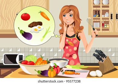 A vector illustration of a cooking woman preparing in the kitchen
