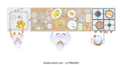 Vector illustration. Cooks in the kitchen are cooking. Top view.