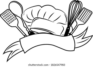 vector illustration of cookware icons and chef's hat