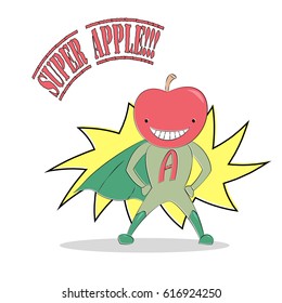 Vector illustration of a cool anthropomorphic apple man in super hero costume, standing proudly and smiling, cape flowing, comics style. Design for children, postcard, poster, sticker, T-shirt print.