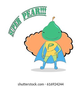 Vector illustration of a cool anthropomorphic pear girl in super hero costume, winking and smiling, cape flowing, comics style. Design for children, postcard, poster, sticker, T-shirt print.