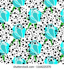 vector illustration. cool aqua roses with stalk and dotted circles on white background seamless repeat pattern. best for summer prints.