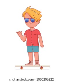 vector illustration a cool boy wearing sunglasses on his longboard 