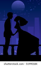 Vector illustration of cool bride and groom on the urban romantic background